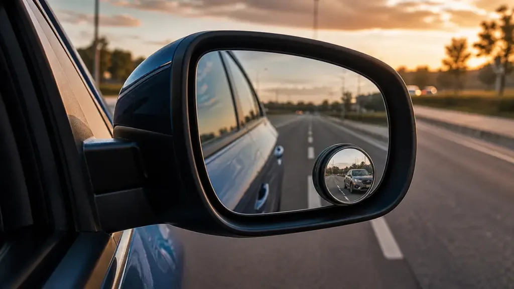 Convex blind spot mirror reflecting an adjacent lane on a car side mirror