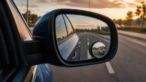 Convex blind spot mirror reflecting an adjacent lane on a car side mirror