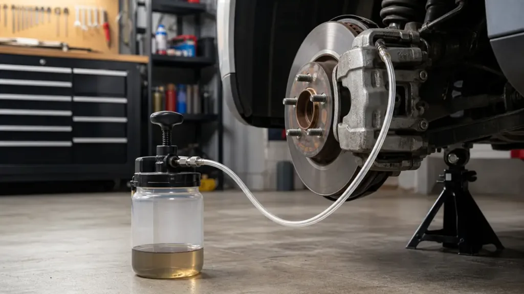 Brake bleeder kit with clear hose and collection bottle attached to a car brake caliper
