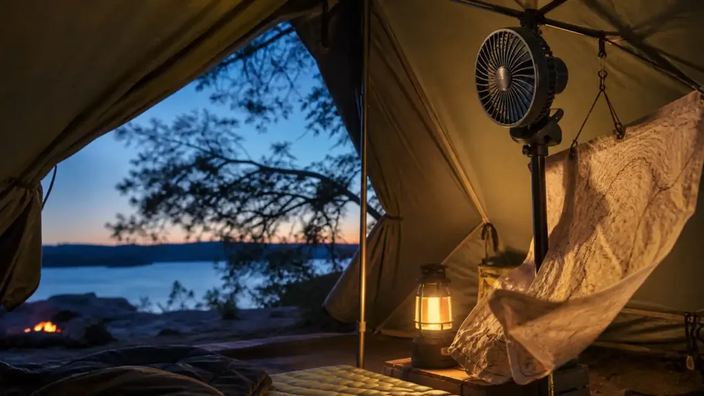 Rechargeable camping fan clipped inside a tent at dusk