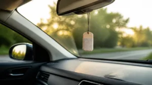 Unbranded car air freshener hanging from a rearview mirror in a sunlit interior
