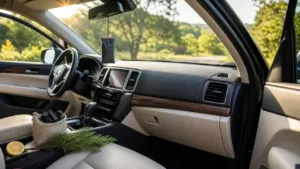 Odor-control car air freshener hanging in a clean sunlit vehicle interior
