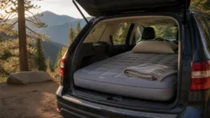 Inflatable car camping mattress fitted in the rear of an SUV at a forest campsite
