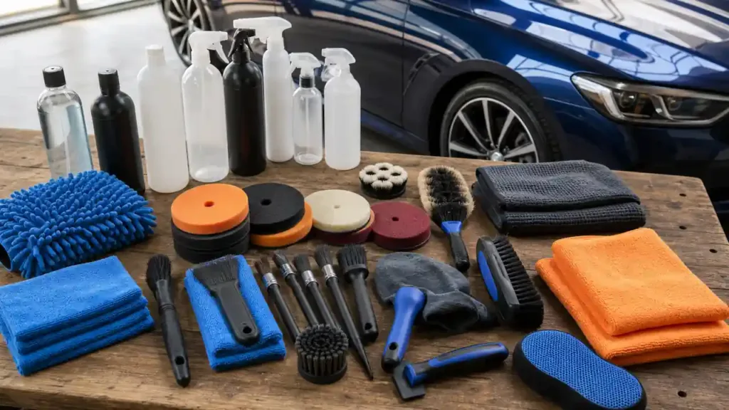 Car detailing kit with microfiber towels brushes and plain bottles on a workbench