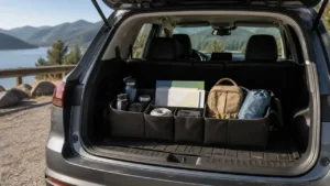 Car trunk organizer holding travel gear in the open cargo area of a crossover
