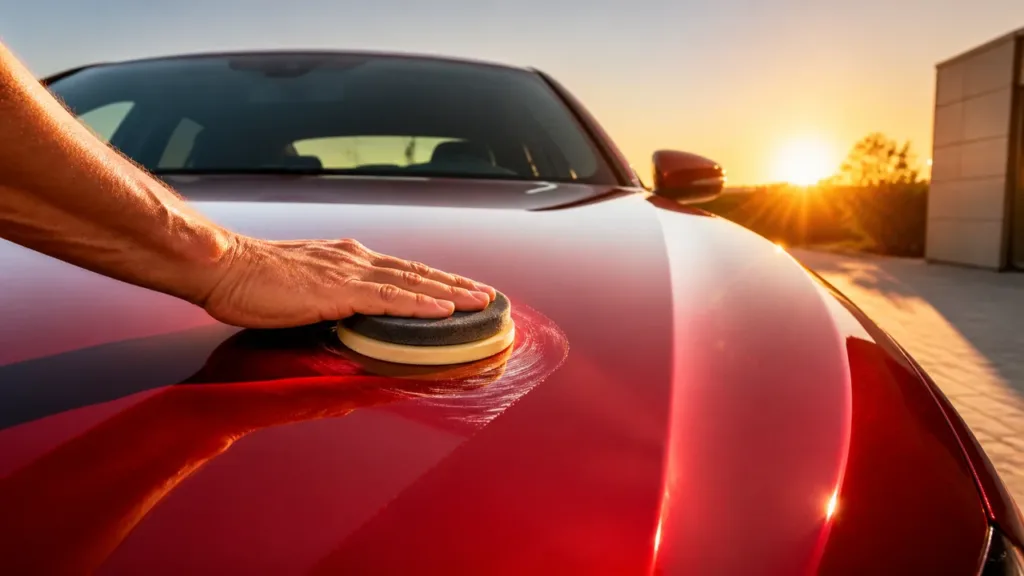 Foam applicator applying car wax to a red hood in warm sunlight