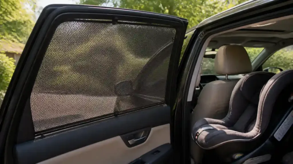 Mesh sun shade covering a rear car window beside a child safety seat
