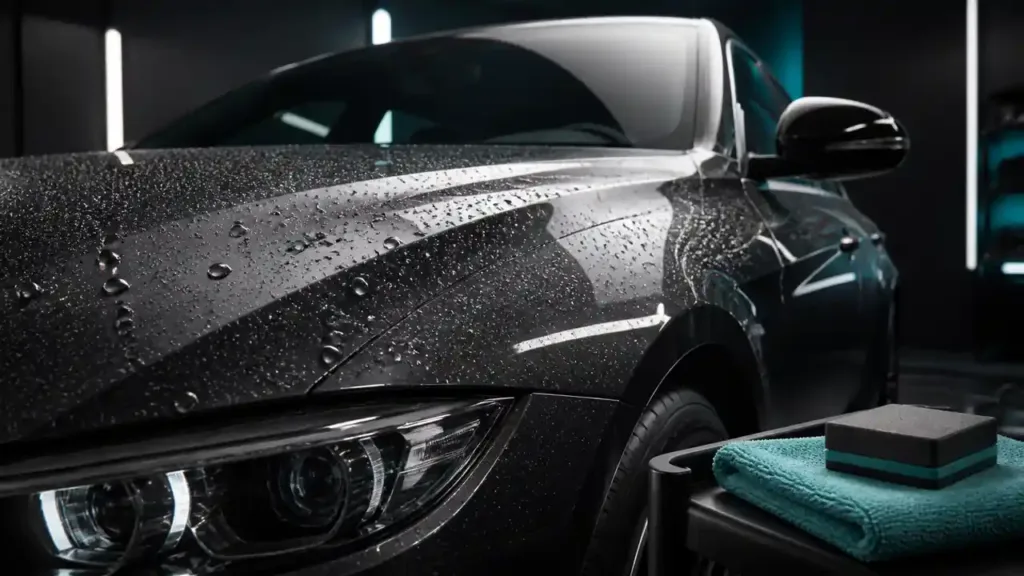 Water beads rolling across a dark car hood after ceramic coating