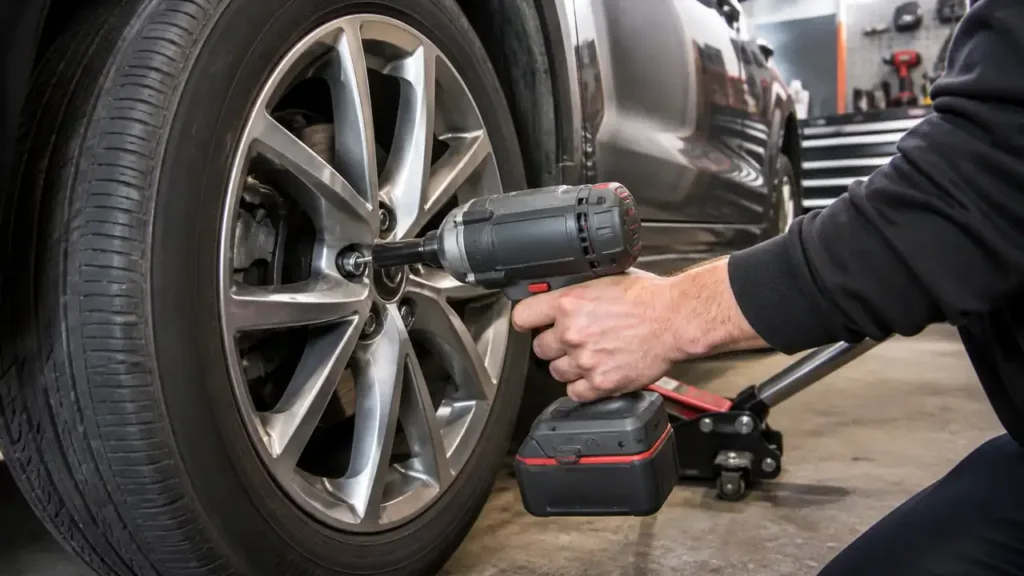 Cordless impact wrench loosening a wheel lug on a car in a garage