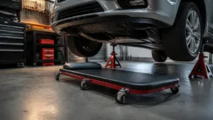 Low mechanic creeper positioned beneath a raised car in a tidy garage