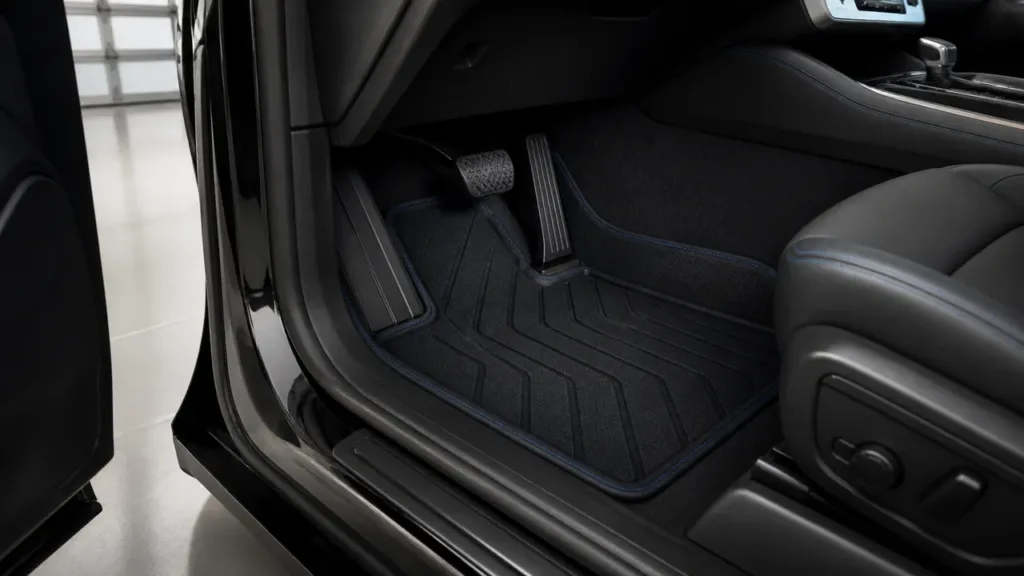 Custom-fit black car floor mat with blue trim installed beneath pedals