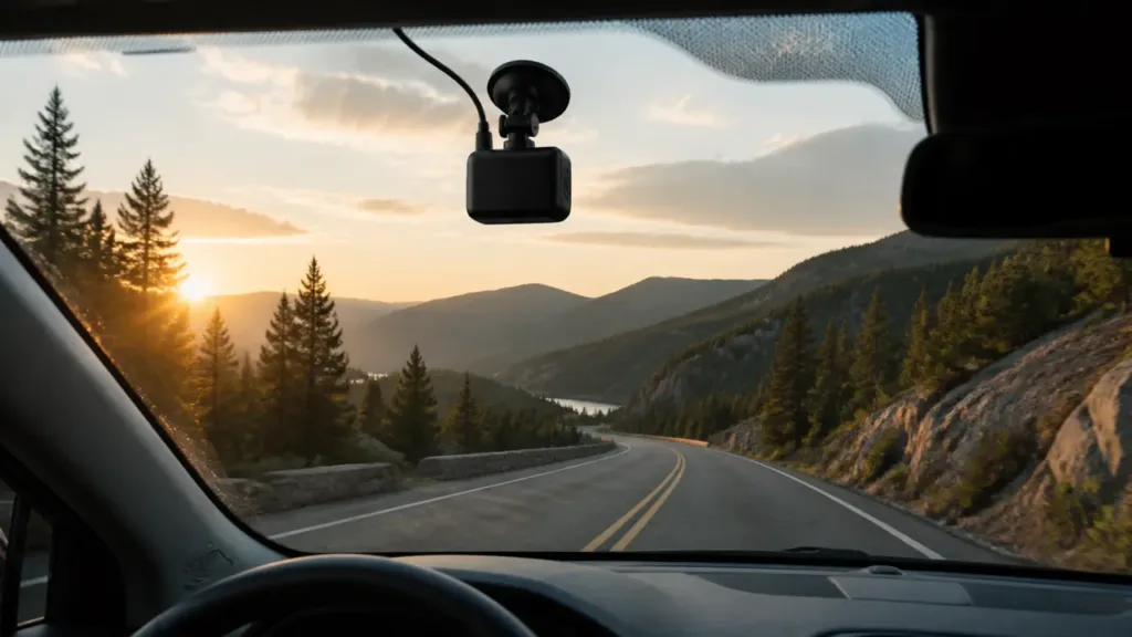 Compact dash camera mounted behind a windshield with a mountain road ahead