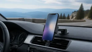 Smartphone secured in a dashboard mount with a mountain road beyond the windshield