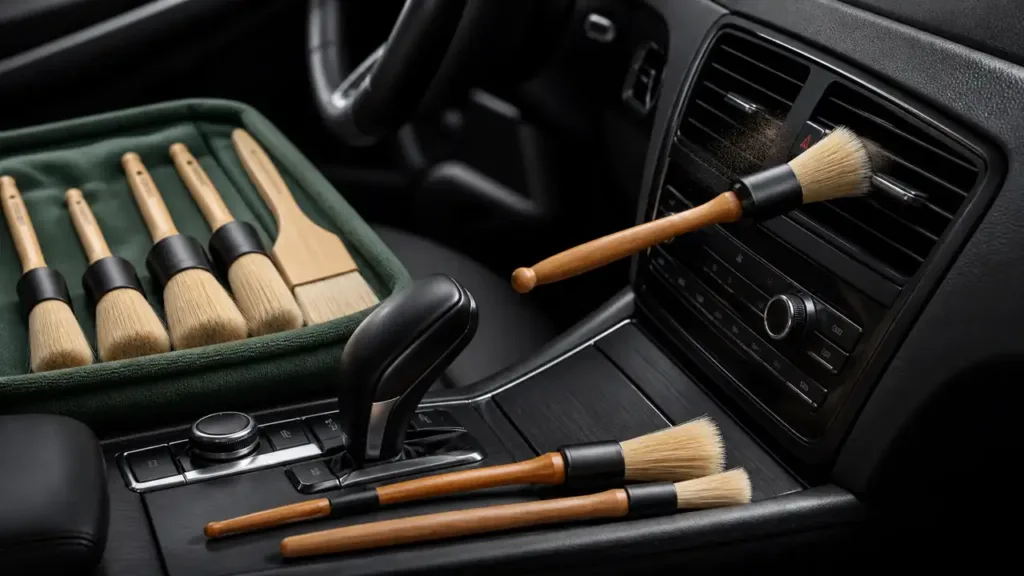 Detailing brushes cleaning an automotive air vent and center console