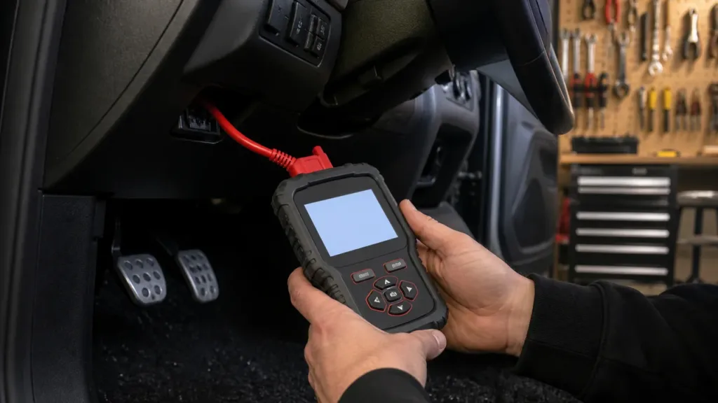 Handheld automotive diagnostic scanner connected beneath a car dashboard