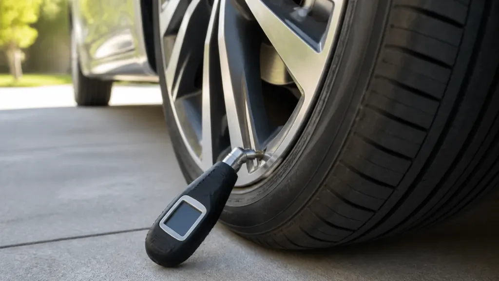 Digital tire pressure gauge attached to a car tire valve on a driveway
