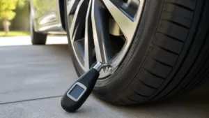 Digital tire pressure gauge attached to a car tire valve on a driveway