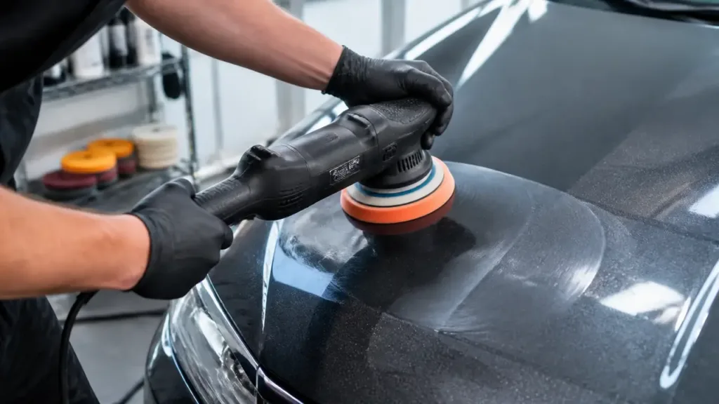 Dual action polisher spreading compound across a glossy dark car hood