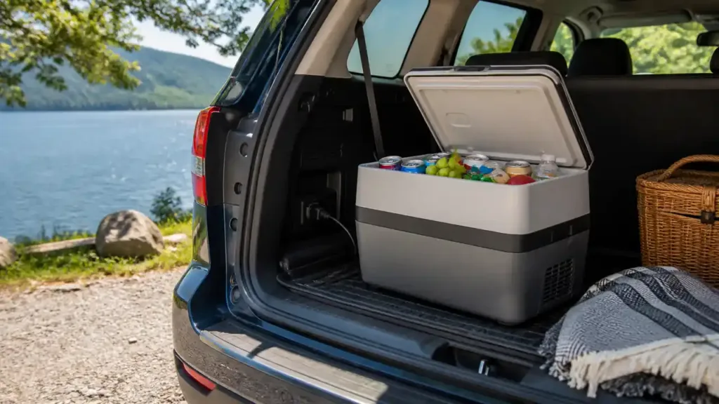 Portable electric cooler open in an SUV cargo area beside a lakeside stop
