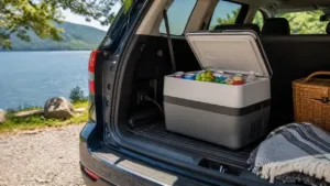 Portable electric cooler open in an SUV cargo area beside a lakeside stop