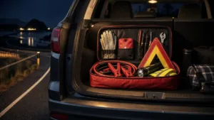 Organized roadside emergency kit with jumper cables and warning triangle in a car trunk