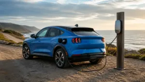 Blue electric crossover connected to a generic EV charger at a coastal overlook