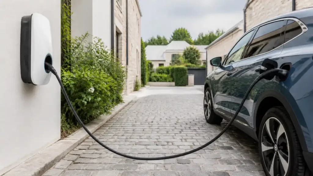 Long EV charging cable stretching from a wall charger to a blue-gray electric car