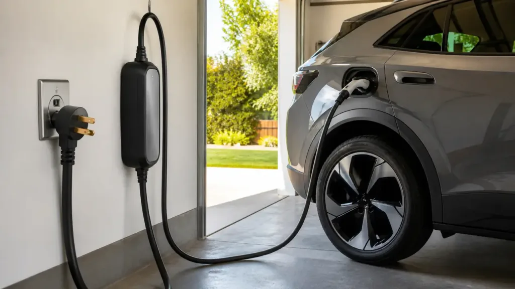 EV charger with NEMA 14-50 plug connected beside an electric car in a home garage