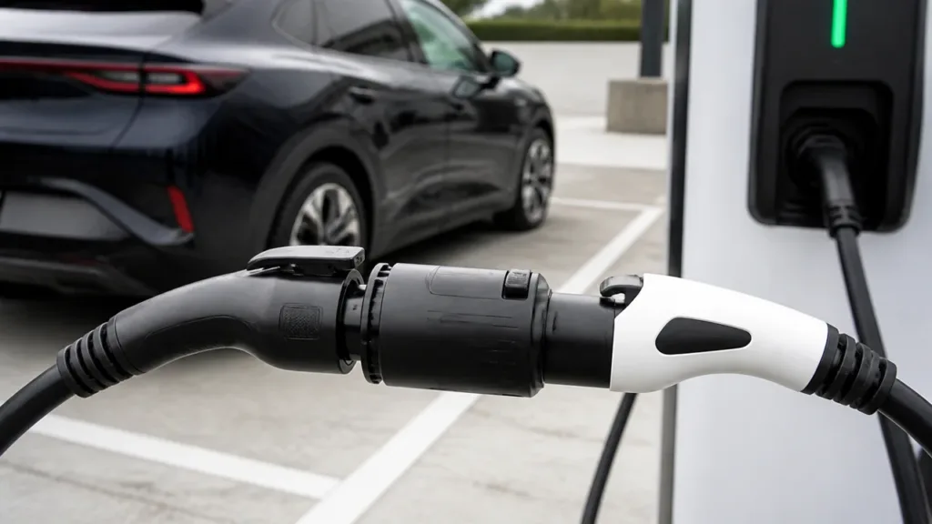 EV charging adapter joining two connector ends beside an electric vehicle at a charging bay