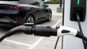 EV charging adapter joining two connector ends beside an electric vehicle at a charging bay
