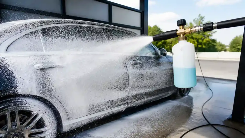 Foam cannon spraying thick white soap onto a dark car at a wash bay
