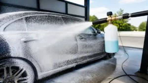 Foam cannon spraying thick white soap onto a dark car at a wash bay