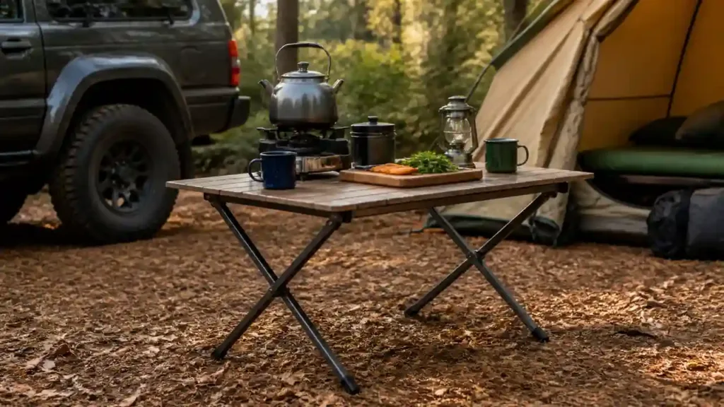Folding camping table with kettle and mugs beside a tent and SUV