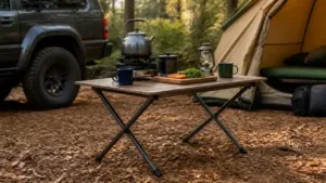 Folding camping table with kettle and mugs beside a tent and SUV