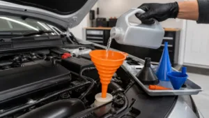 Bright automotive funnels guiding fluid into a vehicle reservoir