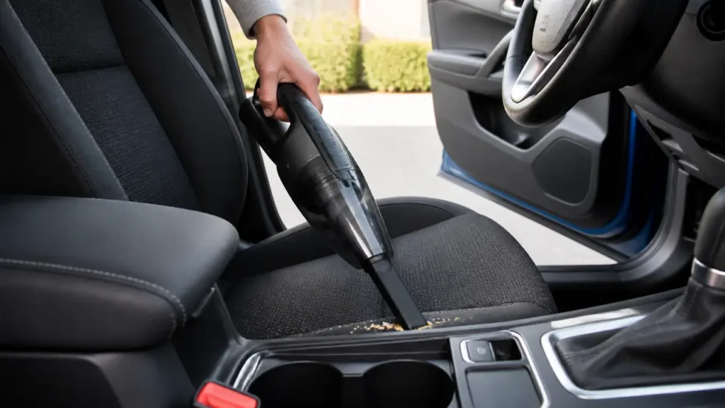 Handheld car vacuum cleaning crumbs from a dark car seat beside the center console