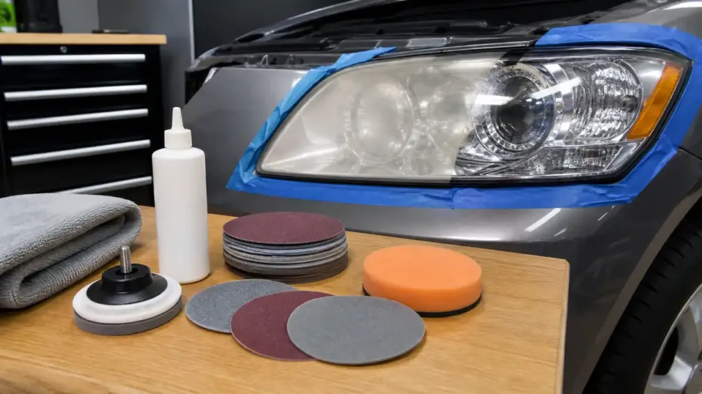 Headlight restoration kit with polishing pads beside a clear car headlight in a garage