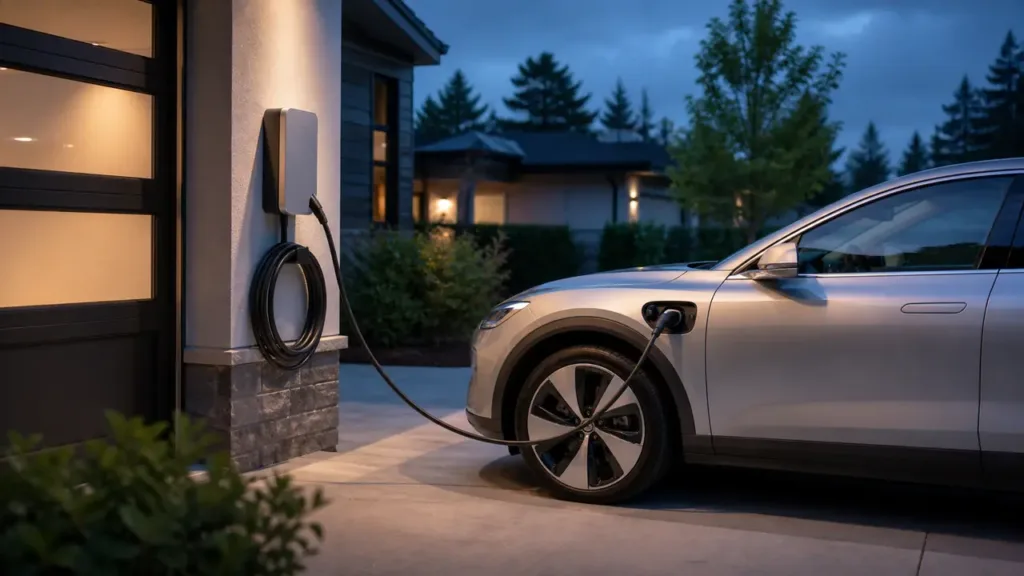 Wall-mounted home EV charger connected to a silver electric car at blue hour