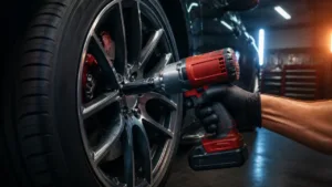 Cordless impact wrench loosening a wheel lug on a car in a garage