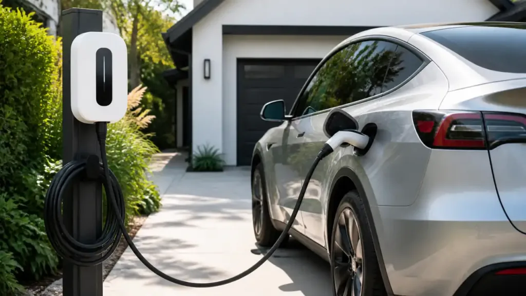 J1772 EV charger connected to a silver electric car in a home driveway