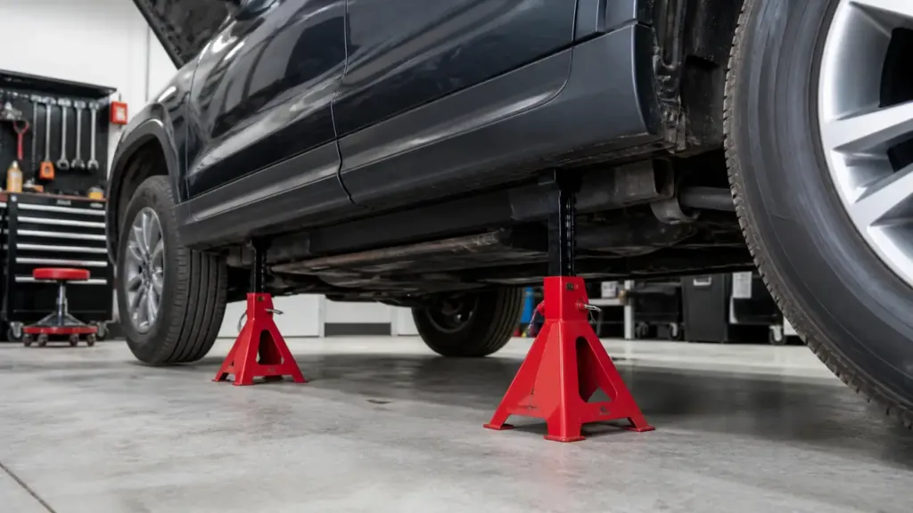 Red jack stands safely supporting an SUV on a garage floor