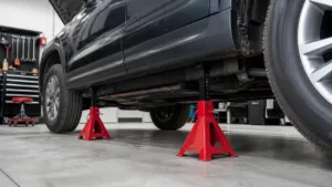 Red jack stands safely supporting an SUV on a garage floor