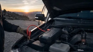 Portable jump starter connected to a pickup truck battery at sunrise