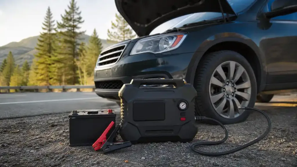 Portable jump starter with air compressor beside an SUV on a roadside