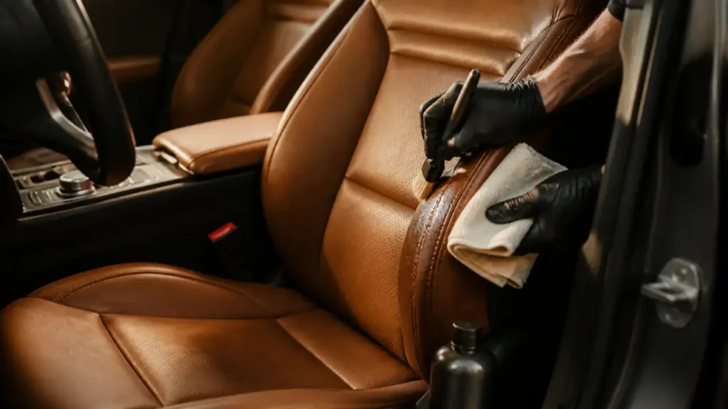 Detailing brush and microfiber cloth cleaning a tan leather car seat