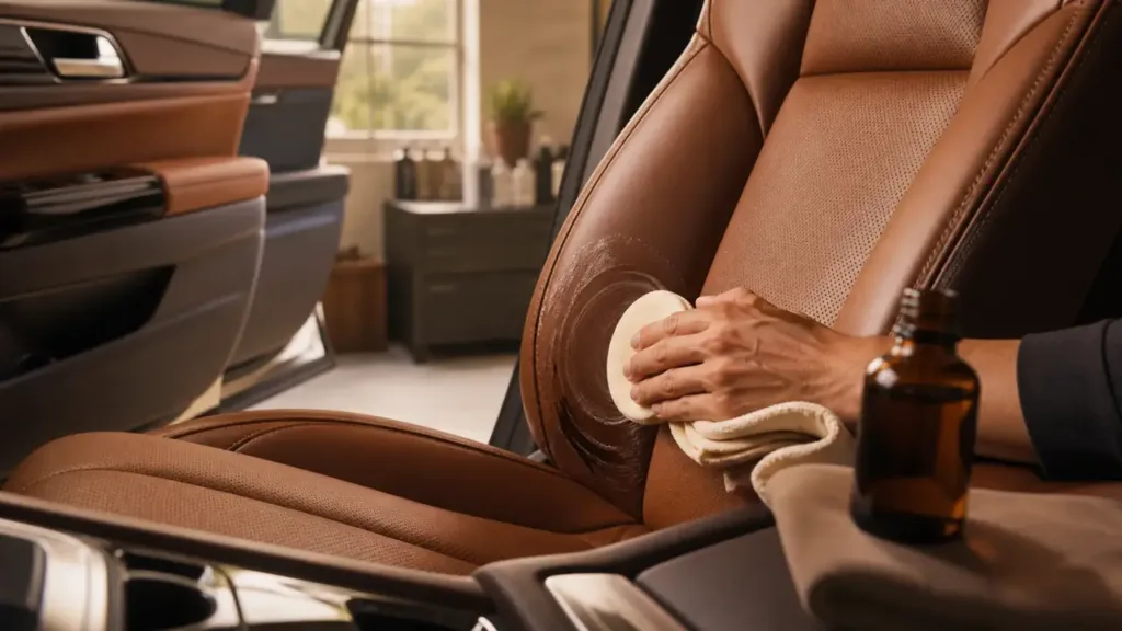 Applicator pad spreading leather conditioner across a tan car seat
