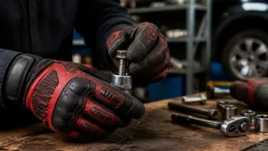 Rugged black and red mechanic gloves gripping a metal socket on a workbench