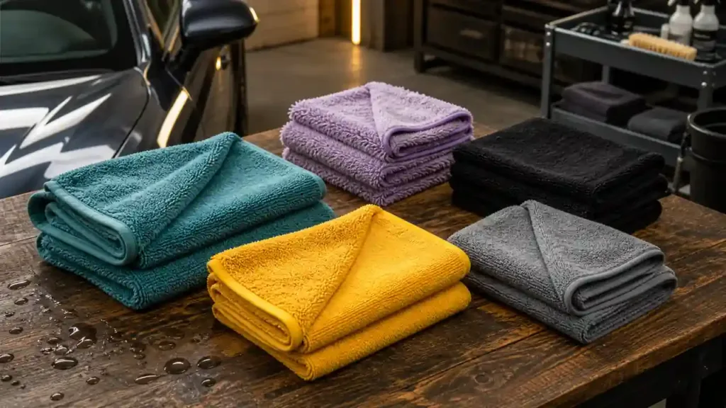 Colorful microfiber towels arranged on a wooden detailing bench beside a car