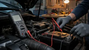 Digital multimeter with red and black probes testing a car battery