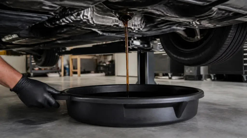 Black oil drain pan catching amber engine oil beneath a raised car